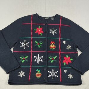 Vintage Crystal Kobe Navy Button Front Cardigan Christmas Sweater Size Medium